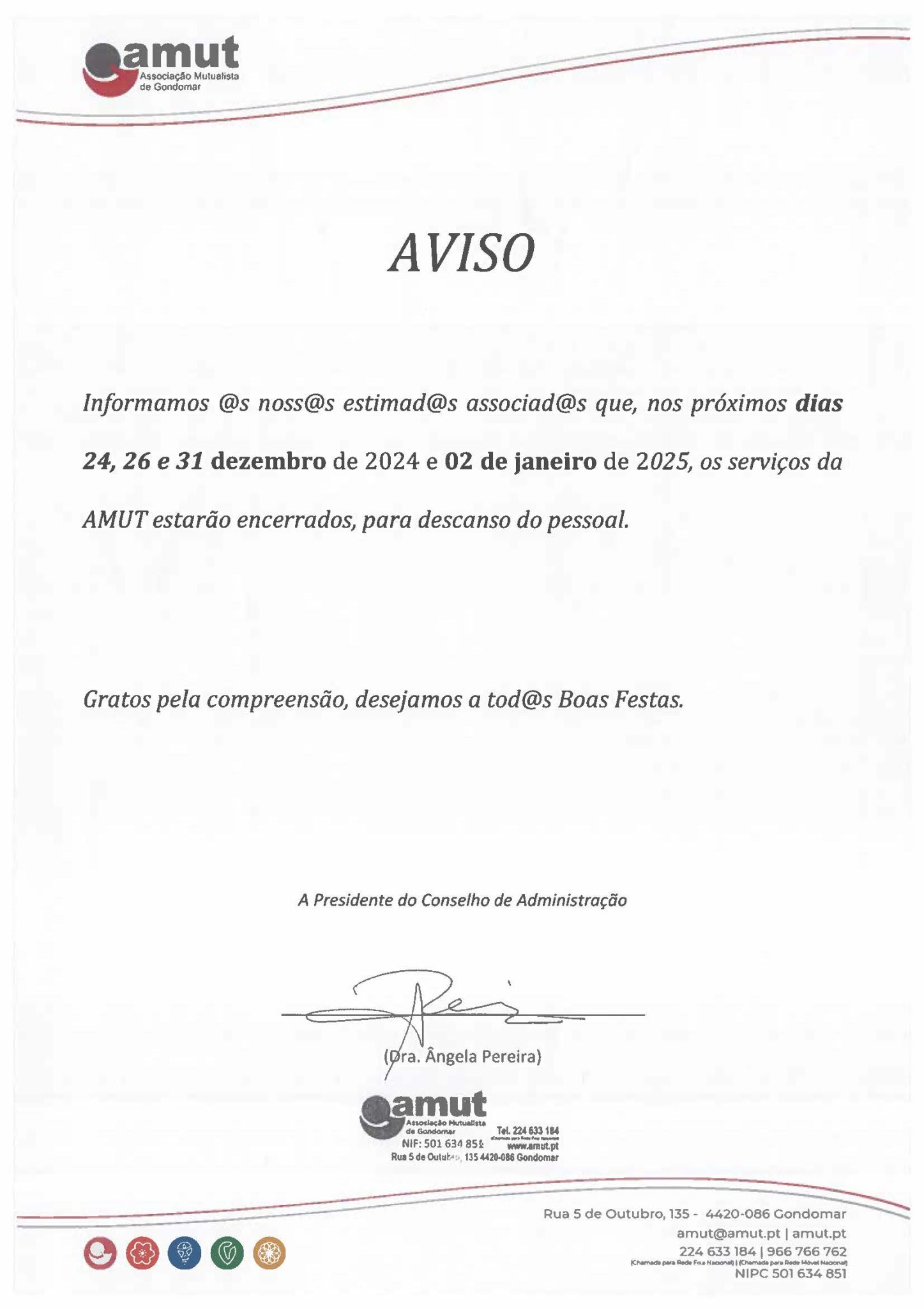 Aviso – Encerramento de Serviços – Natal e Ano Novo 2024-2025 - AMUT